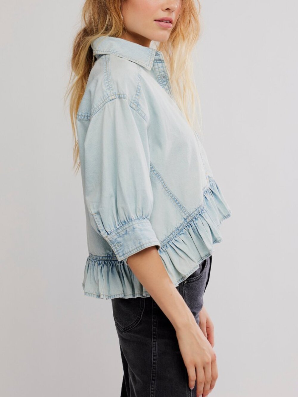 Free People Light Blue Ruffle Hem Denim Button-Down Top - Picture 2 of 6
